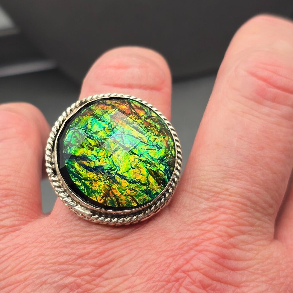 925 Sterling Silver Plated Faux Opal Ring Size 9.5 Bezel Setting Fine Jewelry - Picture 9 of 13